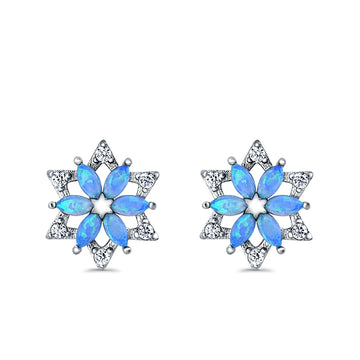 Flower Stud Earrings Lab Created Blue Opal Simulated CZ 925 Sterling Silver (12mm)